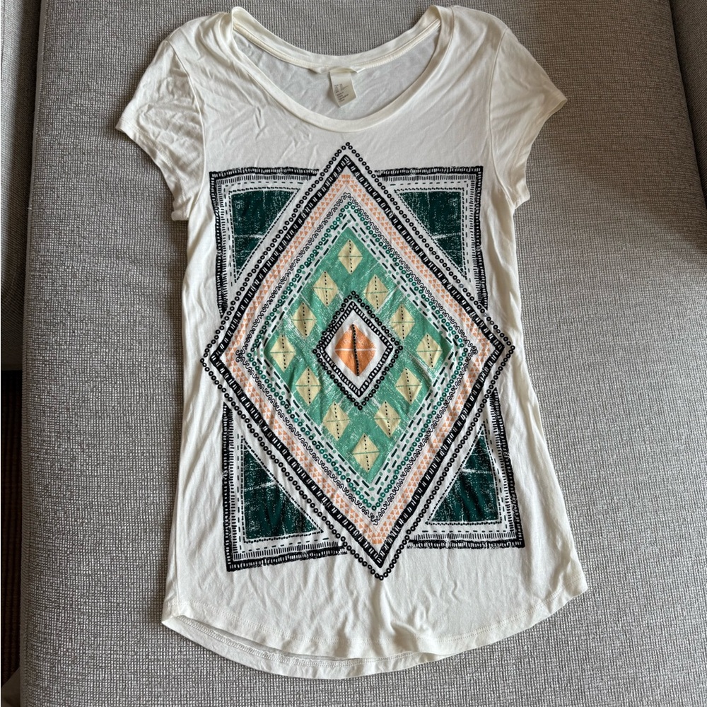 H&M White Tee with Geometric Embroidery Design